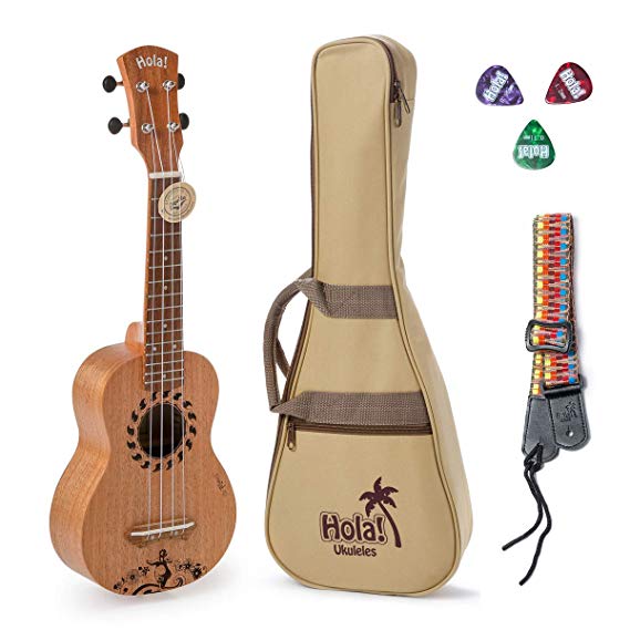 Hola! Music HM-121GL  Laser Engraved Mahogany Soprano Ukulele Bundle with Aquila Strings, Padded Gig Bag, Strap and Picks - Hula Dancer