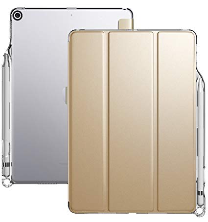 iPad 9.7 Case, Poetic Lumos X Flexible Soft Transparent Ultra-Thin TPU Slim-Fit Trifold Stand Folio Smart Cover [Auto Wake/Sleep][Pencil Holder] for Apple iPad 9.7 (6th Gen 2018) Champion Gold/Clear