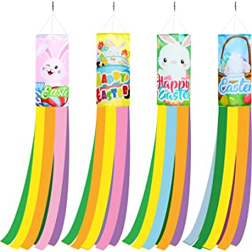 4 Pieces Easter Day Windsock Easter Pattern Design Windsock Bunny Windsock Flag Outdoor Hanging Decoration for Easter Day Home Yard Garden Balcony Decoration, 35 Inch