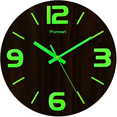Plumeet Luminous Wall Clocks, 12'' Non-Ticking Silent Wooden Clock, Large 3D Numbers Decorative Kitchen Office Bedroom (Wood)