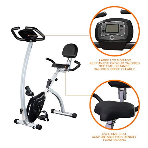 FEIERDUN Folding Exercise Bike, Magnetic Upright Bicycle with Speed, Time, Distance, Calorie Monitor - Grey (Black)