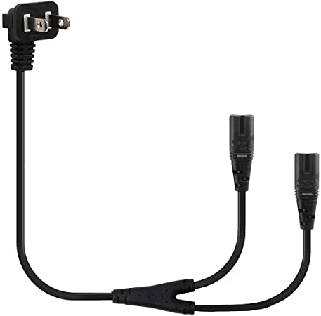 6-Feet (1.8Meter) US 2-Prong Male (Angled Nema 1-15P) to Dual IEC C7 Y Split Power Cord, US 2 Outlet Male to Double Figure 8 Female 1 in 2 Out AC Power Cord, Figure 8 Y Power Split Cord