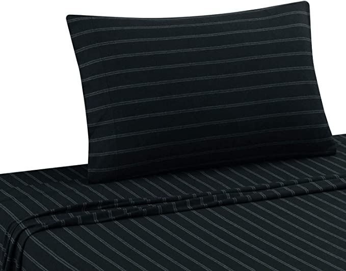 DELANNA Jersey Knit Sheet Set Soft, Breathable, Cotton Rich T-Shirt Weave (Black Stripe, Twin XL)