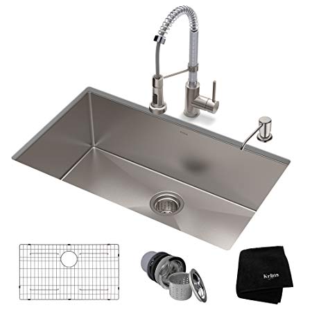 KRAUS KHU100-30-1610-53SSCH Set with Standart PRO Sink and Bolden Commercial Pull Faucet in Stainless Steel Chrome Kitchen Sink & Faucet Combo 30 Inch