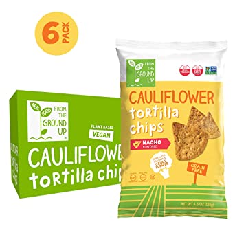REAL FOOD FROM THE GROUND UP Cauliflower Tortilla Chips - 6Count, 4.5 Oz Bags (Nacho), Yellow