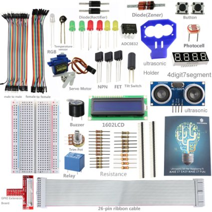 SunFounder LCD Ultrasonic Relay Sensor Electronic Bricks Starter Kit w 26-Pin GPIO Extension Board 1602 LCD Breadboard Jumper wires Servo Motor Relay Resistors Buzzer for Raspberry Pi