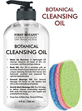 Deep Cleansing Oil - 100% Pure & Natural, 9 fl oz with Sponges - Botanical Facial Cleanser, Eye Makeup Remover, Stretch Mark oil & Massage Oil