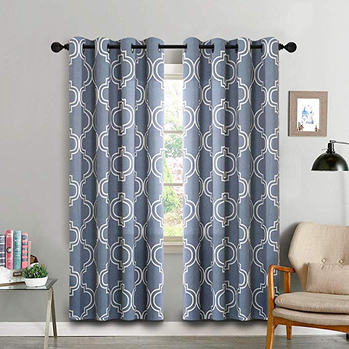 Vangao Room Darkening Curtains Quatrefoil Morrocan Tile Print Blue Drapes for Bedroom 72 inches 85% Blackout for Living Room Thermal Insulated, Grommet Top, 2 Panels,Navy