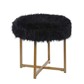 HomePop Round Faux Fur Stool with Metal Base, Black
