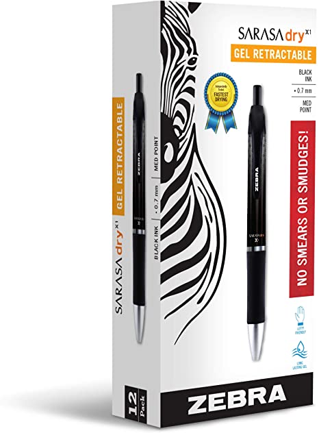 ZEBRA PEN 45610 Sarasa Dry X1 Retractable Gel Ink Pens, Medium Point 0.7mm, Black Rapid Dry Ink, 12-Count