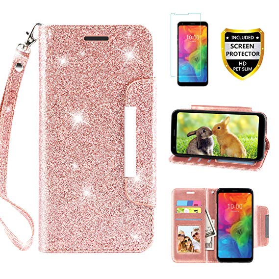 LG Q7 Case, LG Q7 Plus Case, Case for LG Q7 /LG Q7 Alpha/Q7α, with Screen Protector, TPU   Leather Bling Glitter Flip Wallet Case with Kickstand Credit Card Holder Slot for Girls/Women