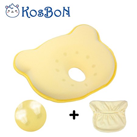 KSB 10 Inches Yellow Soft Memory Foam Baby Pillow Head Positioner Neck Support,Prevent Flat Head Syndrome For 3 Months To 1 Year Old Infant (Bear Shape,Includes Pillow Case).