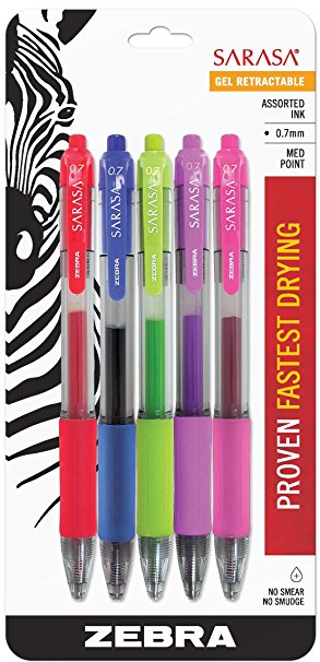 Zebra Sarasa Retractable Gel Ink Pens, Medium Point 0.7mm, Fashion Assorted Color Rapid Dry Ink, 5-Count