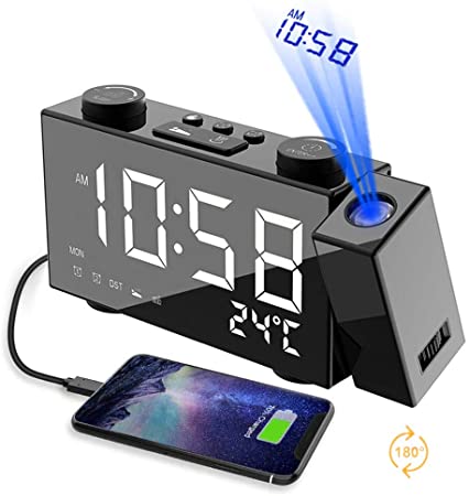 Projection Alarm Clock for Bedrooms & Travel - Dual Alarm Ceiling Clock with 6'' LED Screen, Indoor Thermometer, FM Radio, 4-Level Dimmer, USB Charging Port, 180° Rotatable Projector, Snooze, Black