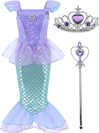 Little Girls Mermaid Princess Costume Dress for Girls Dress Up Party with Crown Mace 4-12 Years