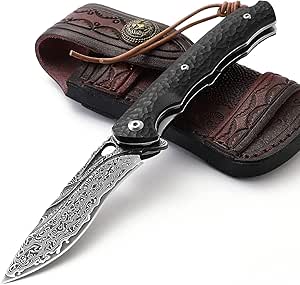 DRACHENADER Taschenmesser Damast Elegant mit Ledertasche, schmales Vg10 Einhand Taschenmesser Hochwertig mit Clip und Ebenholz Griff, Schwarz