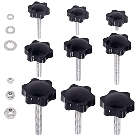 Hilitchi Clamping Hex Shaped Hand Knob Handle Replacement Handle Black Plastic Knob Grip Screw On Type Stud with Nuts and Washers (Assortment Kit-135PCS)