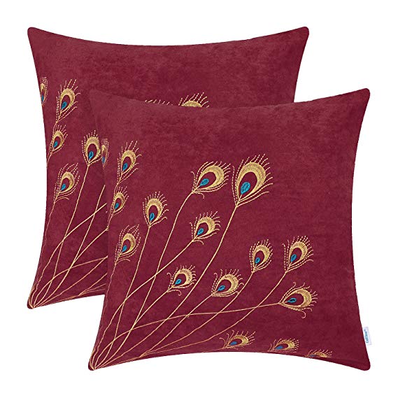CaliTime Pack of 2 Supersoft Throw Pillow Covers Cases for Couch Bed Sofa Decor Peacock Feathers Embroidered 18 X 18 Inches Dark Red