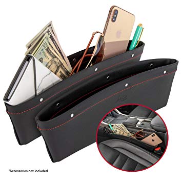 2 in 1 Car Seat Gap Organizer | Universal Fit | Storage Pockets Adjust | 2 Set Car Seat Crevice Storage Box Stop Drop Related Distracted Driving & Holds Phone Money Cards Keys Remote | Red Stitching