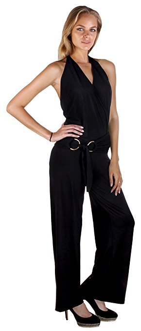 Back From Bali Womens Black Jumpsuit Sexy with Gold Belt and Halter Top