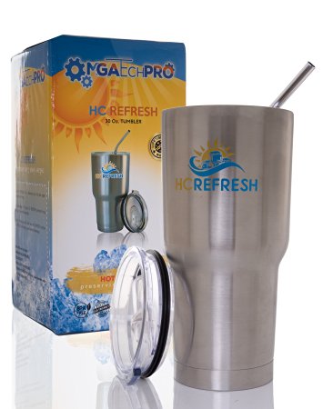 Stainless Steel Vacuum-Insulated 30oz Tumbler Cup W/ Spill And Splash Proof Lid HC REFRESH - Keeps Your Drink Cold/Hot - For Camping Sport Beach Office On The Go - Free Bonus: Quality Curved Straw