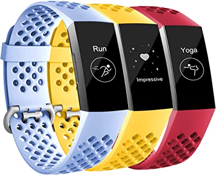 Maledan Bands Compatible with Fitbit Charge 3 and Fitbit Charge 4, Breathable Sport Band Replacement Wristbands with Air Holes for Charge 4/ Charge 3/ Charge 3 SE Fitness Tracker Women Men, 3-Pack