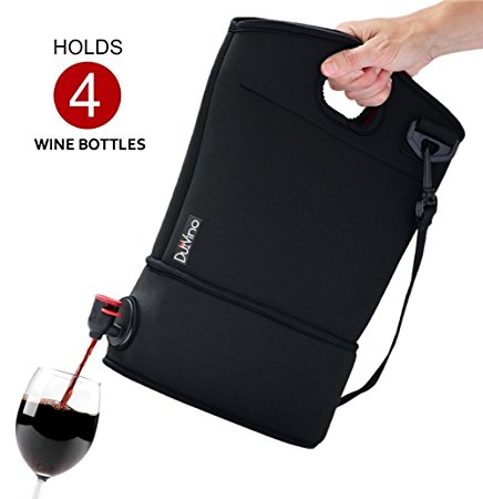Wine Tote Purse- Neoprene Carrier for BYOB   2 Disposable Wine Baggies - Valentine's Day Gift - Holds 3 Litres (4 Bottles) - Wine to Go Made Easy! (Black)