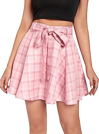 Milumia Women Plaid Mini Skater Skirts Cheerleader Pleated A Line Skirts with Belt