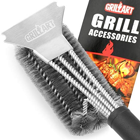 GRILLART Grill Brush and Scraper 360° Clean Grill Brush, Safe 18" Stainless Steel Barbecue Brush Cleaner with Triple Scrubber, Best Accessories for Grill Cooking Grates and Burners(Leather Hanging)