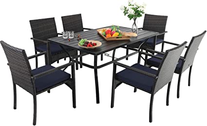 Sophia & William Outdoor Patio 7 Pieces Dining Set with 6 Brown PE Rattan Chairs and 1 Rectangle Metal Table, Modern Outdoor Dining Furniture with Seat Cushions for Poolside, Porch, Patio, Balcony