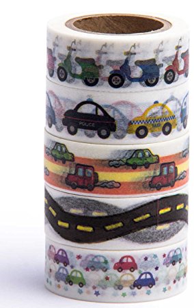 Washi Tape (Japanese Masking Tape) by MIKOKA, 0.6 Inches Wide, 32.8 Feet Long, Set of 5 - On the Road