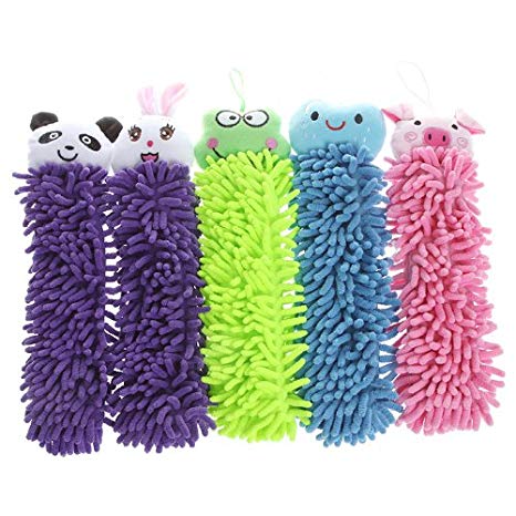 Efreecity Kictchen Chenille Fiber Hand Towel Clean Absorbent Cloth, Dry Your Hands Quickly, 5 In 1 set(Cute Smiling Face Blue,Cute Cartoon Rabbit Purple,Cute Cartoon Pig Pink,Cute Cartoon Panda Purple,Cute Cartoon Frog Green) (Cute Cartoon Rabbit Purple)