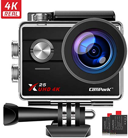 Campark X25 Native 4K Action Camera Ultra HD WiFi Underwater Waterproof Camera 170° Wide Angle with 2 Rechargeable Batteries and Mounting Accessories Kit Compatible with go pro