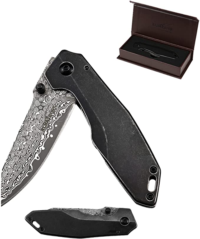 ALBATROSS 7" EDC Simple Practical Folding Knife Liner Lock Pocket Knife with Modern VG10 Damascus Steel Blade,Retro Blackwash Handle,Belt Clip and Brown Gift Box