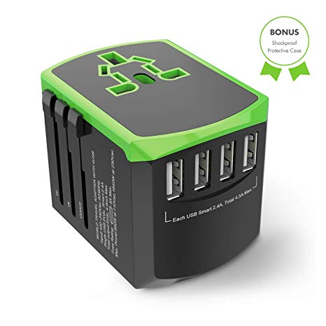 Universal Travel Adapter, All-in-one International Power Plugs High Speed 2.4A 4 USB Wall Charging Ports, Covers Asia, US, UK, EU, AU, 200  Countries (Green)