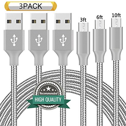 Youer Micro USB Cable,3Pack 3FT 6FT 10FT Long Premium Nylon Braided Android Charger USB to Micro USB Charging Cable Samsung Charger Cord for Samsung Galaxy S7 Edge/S7/S6/S4/S3,Note 5/4 (Grey)