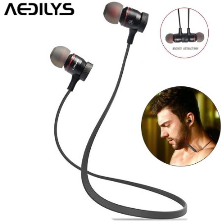 Bluetooth Headphones , AEDILYS Magnet Attraction V4.0 Bluetooth Earbuds In-Ear Noise Reduction Headphones with Microphone for Running & Sports Earphones for iPhone Samsung Android Smart Phones (Black)