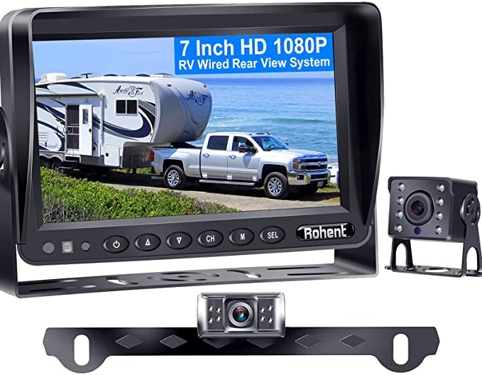 RV Backup Camera 7 Inch Monitor System Infrared Night Vision Car License Plate Rear View Back Up Dual Cam Kit Waterproof for Truck Travel Trailer Camper Rohent R4