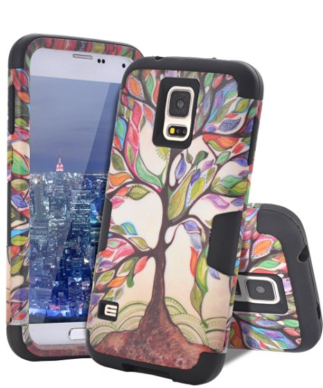 Galaxy S5 Case, S5 Case - SKYLMW [ Shock Resistant Series ] Hybrid Rubber Case Cover for Samsung Galaxy S5 3in1 Hard Plastic  Soft Silicone Tree Black