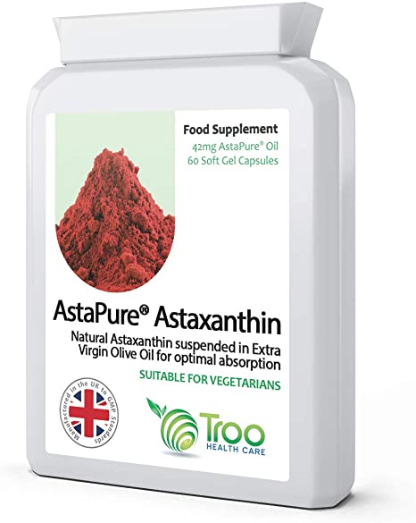 Natural Astaxanthin AstaPure Oil Supplement (42mg) - 60 Soft Gel Capsules - High Grade Strain Haematococcus Pluvialis | UK Manufactured