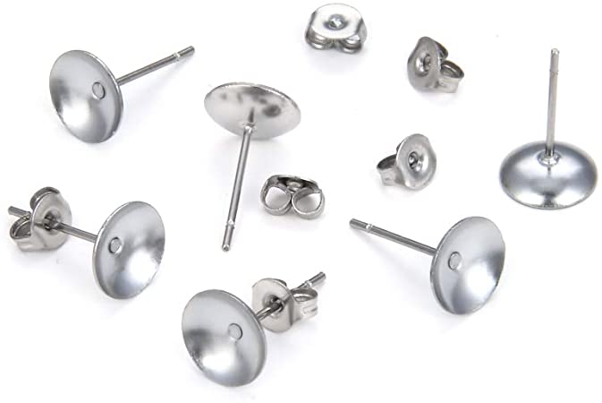 200pcs 316 Grade Surgical Stainless Steel Hypoallergenic Stud Earring Posts 4mm Small Pearl Cup Glue On Earring Post with Earnut Safety Backs SEF6-4