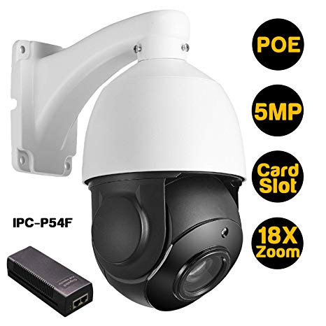 Nesuniq Outdoor PTZ (18X Optical Zoom) POE IP Security Camera 5.0 Megapixel Super HD 2592x1944p Dome Surveillance Night Vision IR 262ft Onvif 2.4 P2P Motion Detection(with Card Slot and POE Injector)