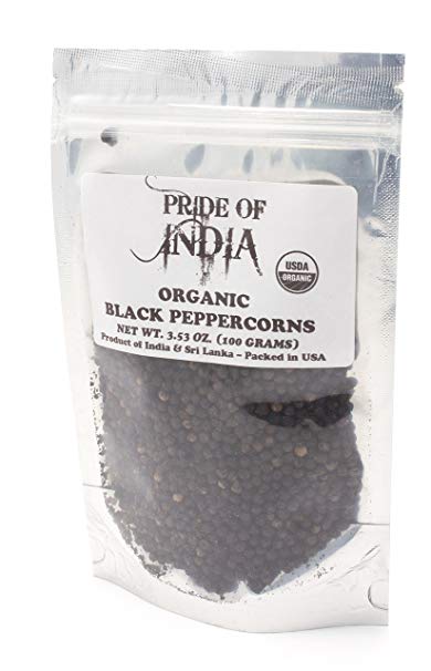 Pride Of India - Organic Indian Spice Packs (Organic Black Peppercorn Whole (3.53oz - 100gm))