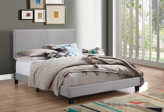Crown Mark Upholstered Panel Bed in Gray, with Nailhead, King