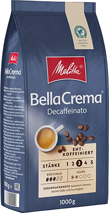 Melitta BellaCrema Decaffeinato, Ganze Kaffeebohnen entkoffeiniert, 1kg