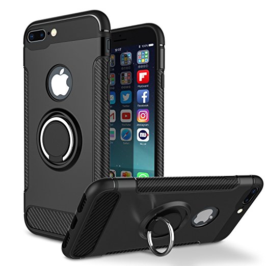 iPhone 8 Plus Case, iPhone 7 Plus Case, iCaber Dual Layer Defender Armor Cover Ring Holder Shock Proof PC and Soft TPU for Apple iPhone 8 Plus (2017) / iPhone 7 Plus (2016) - Black