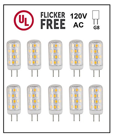 CBConcept UL-Listed, G8 LED Light Bulb (Standard 37mm Length), 10-Pack, 3 Watt, 310 Lumen, Not Dimmable, Pure White 6000K, 360° Beam Angle, 35W Equivalent, JCD Halogen Replacement Bulb