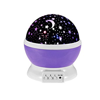 Night Lighting Lamp,Sunvito Romantic Rotating Star Moon Sky Projector for Babies,Children,Kids,Bedroom(4 Bright LED Beads,3 Mode Lights,Powered by DC5V/AAA Battery and USB Cable) (Purple)