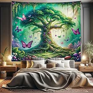 Ambesonne Nature Tapestry King Size, Dreamy Fantasy of Life Tree with Dancing Butterfly Ensemble Wonderland, Wall Hanging Bedspread Bed Cover Wall Decor, 104" X 88", Fern Green Pale Purple