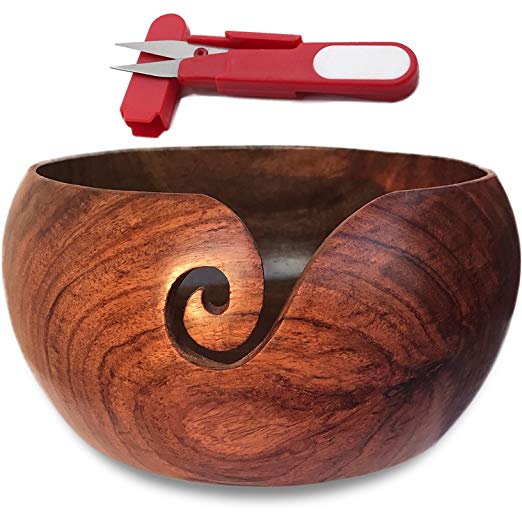 Wooden Yarn Bowl Holder and Yarn Cutter Bundle 7”X4” with Gift Pouch